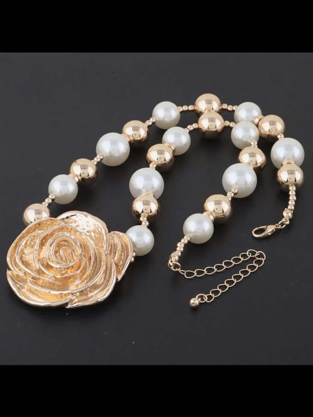 ShopEvelynne Gold Rose Pearl Statement Necklace